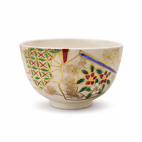 Floral and Geometric Pattern Ceramic Chawan